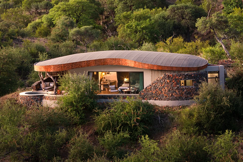 Luxury villa nestled among rocky hills at Mashatu Euphorbia Villas in Botswana