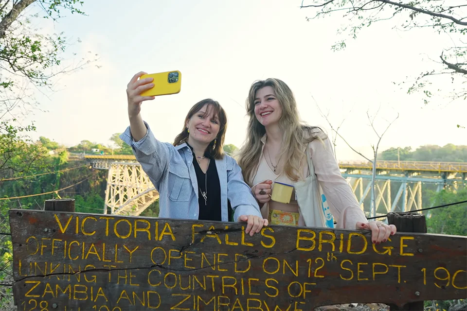 Visitors taking a selfie at Victoria Falls Bridge, which links Zimbabwe and Zambia