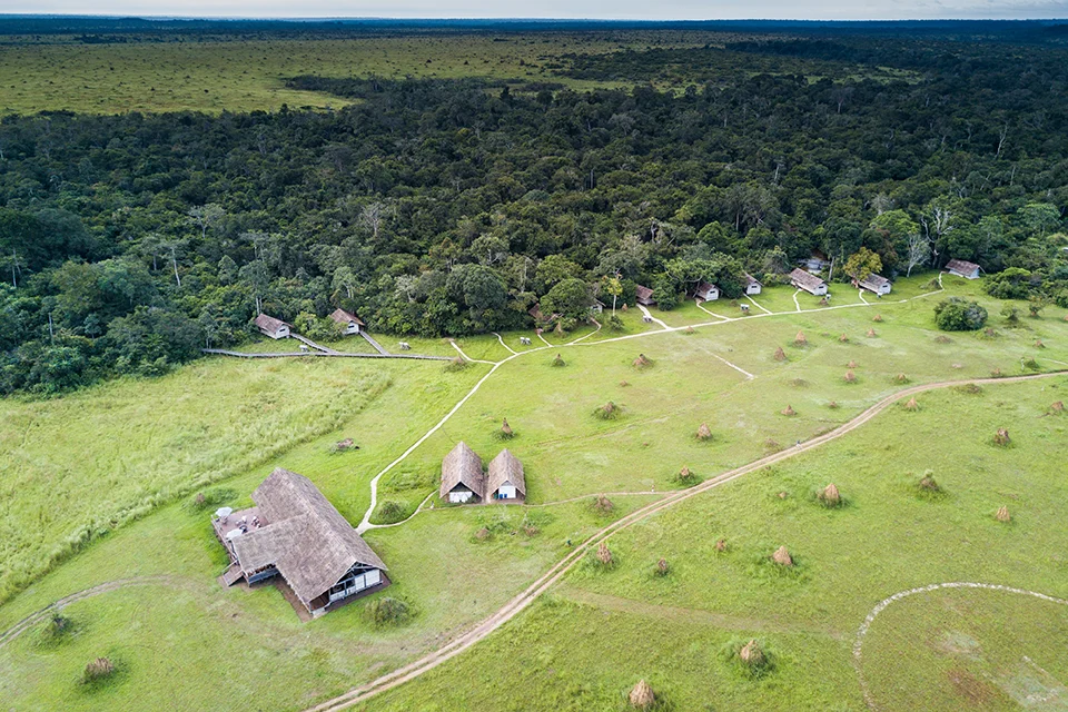 Aerial view of Mboko Camp and its guest chalets along the forest edge in Odzala-Kokoua National Park, Republic of the Congo