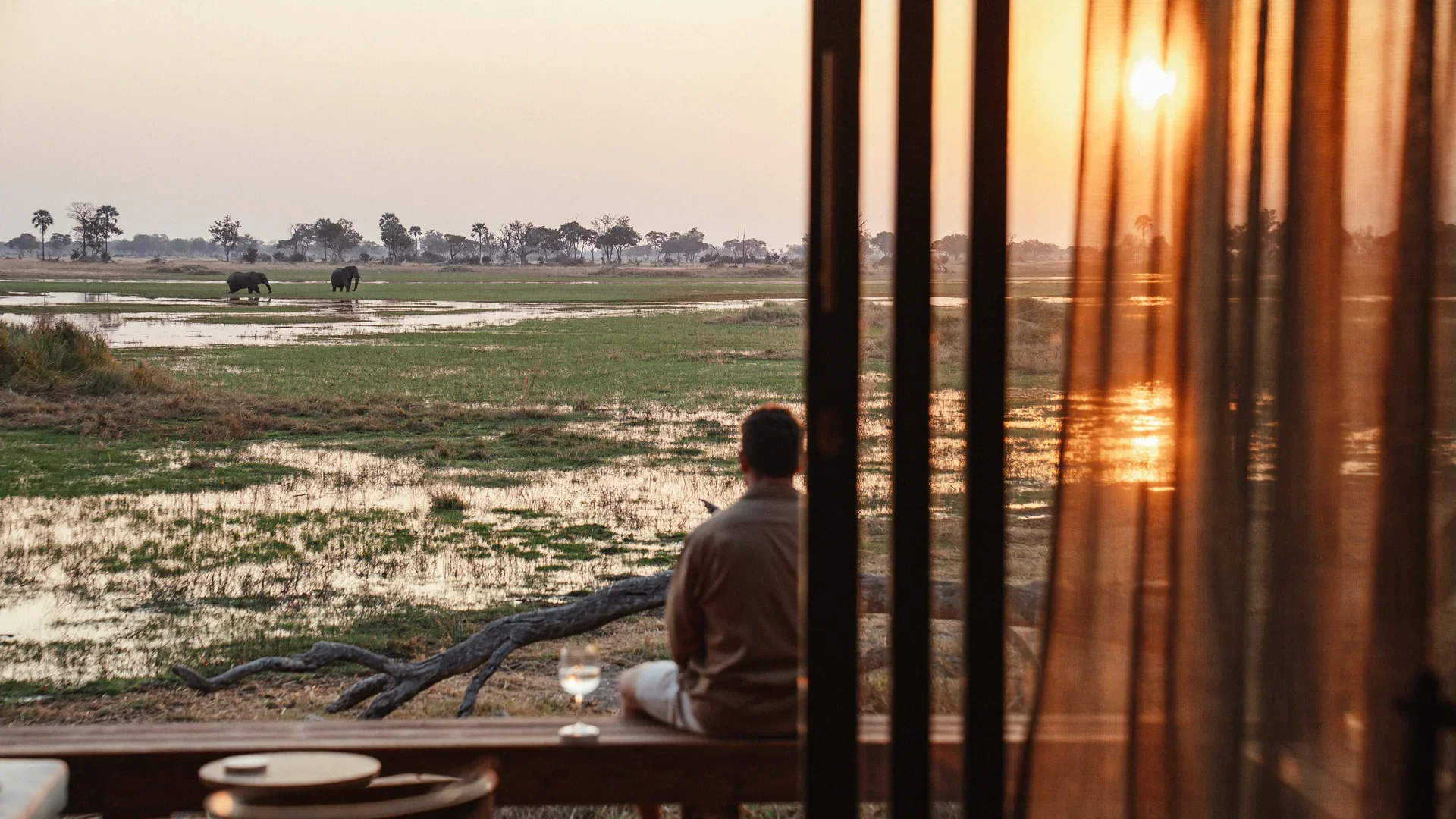 Guest enjoying sunset views from a luxury safari lodge overlooking elephants in the Okavango Delta, Botswana