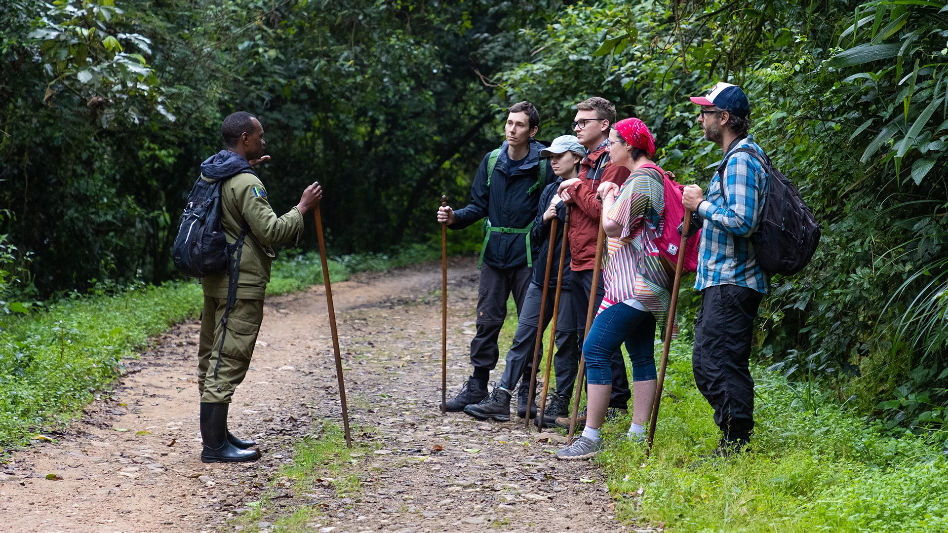 Guide briefing visitors before a chimp trekking experience in Nyungwe National Park, Rwanda